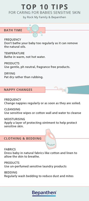 10 tips for taking care of babies' sensitive skin, including applying baby cream every time you change a nappy.